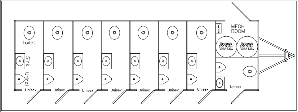 8-Station Private Stall Deluxe Restroom Trailer floor plan