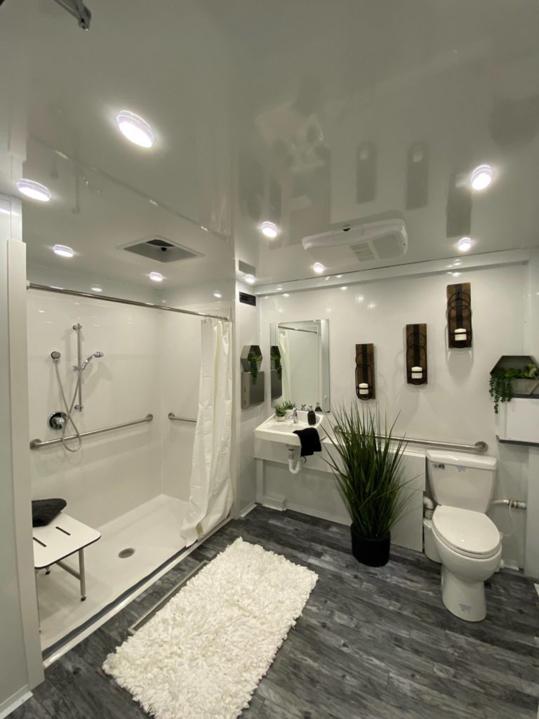 ADA 2-Stall Luxury Restroom Trailer Inside Shower View | The Lavatory Nor Cal