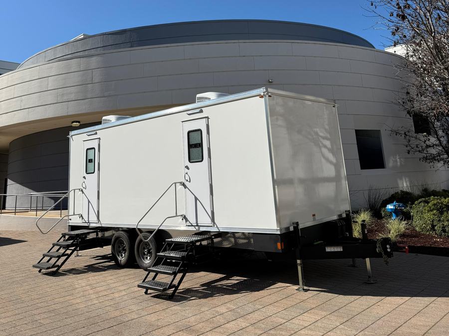 New 9-stall luxury restroom trailer set up for the EA Sports Super Bowl LX media party in Redwood City, The Lavatory NorCal