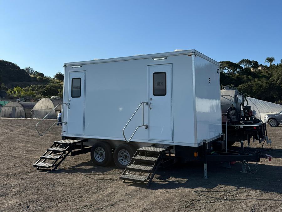 5-stall restroom trailer for field crews at a strawberry grower in Watsonville, The Lavatory NorCal