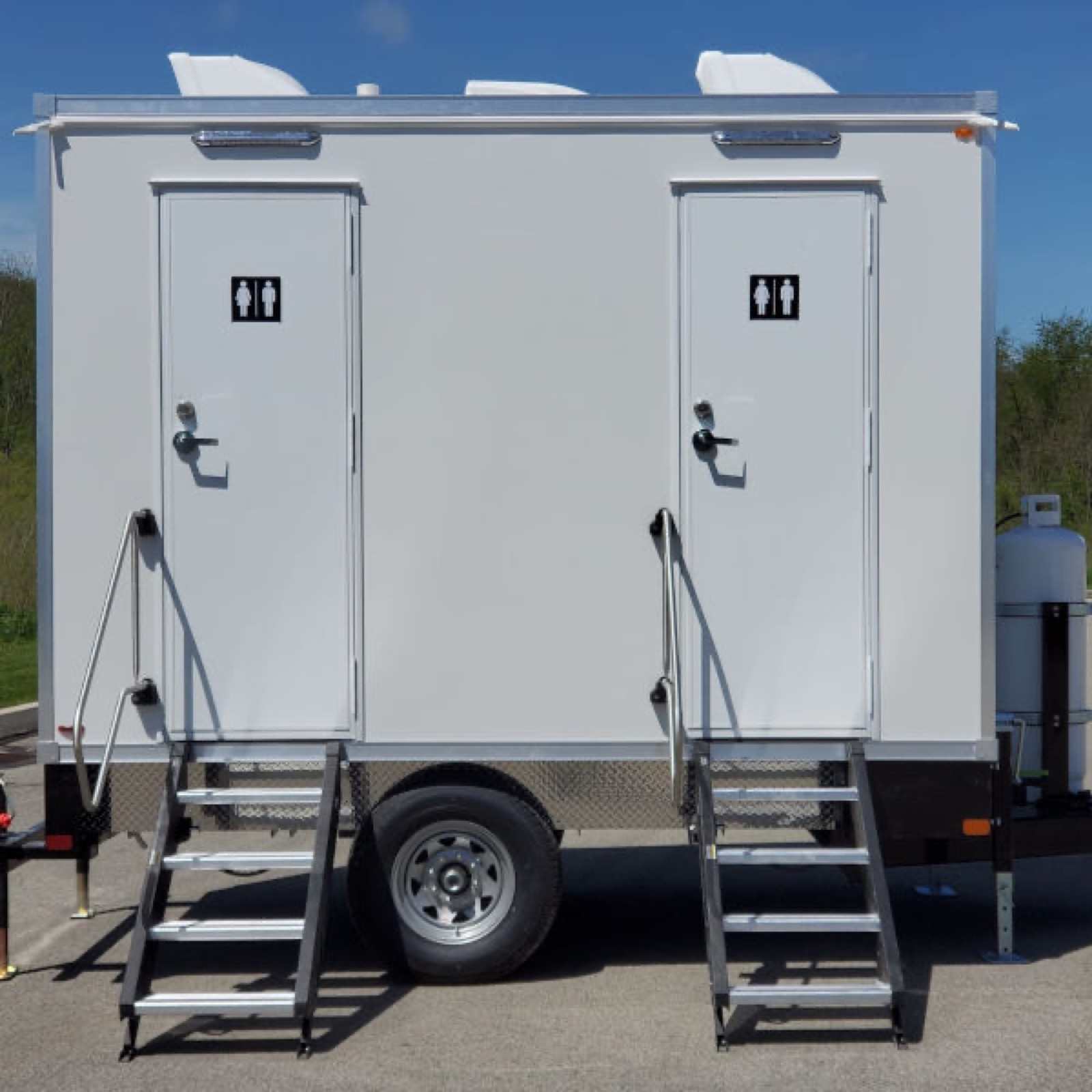 2-stall shower and bathroom combo trailer with two private entry doors and fold-down stairs, The Lavatory NorCal