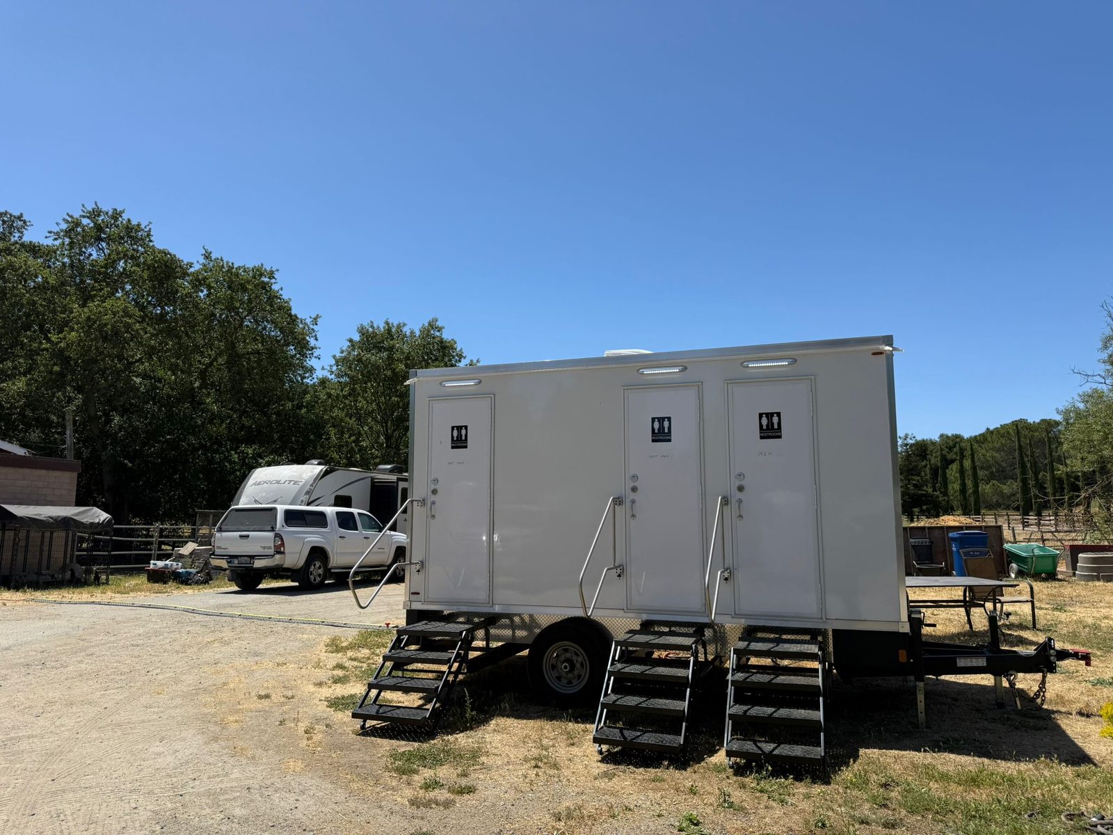 3-stall bathroom trailer set up on a horse ranch in Atherton for a long-term rental, The Lavatory NorCal