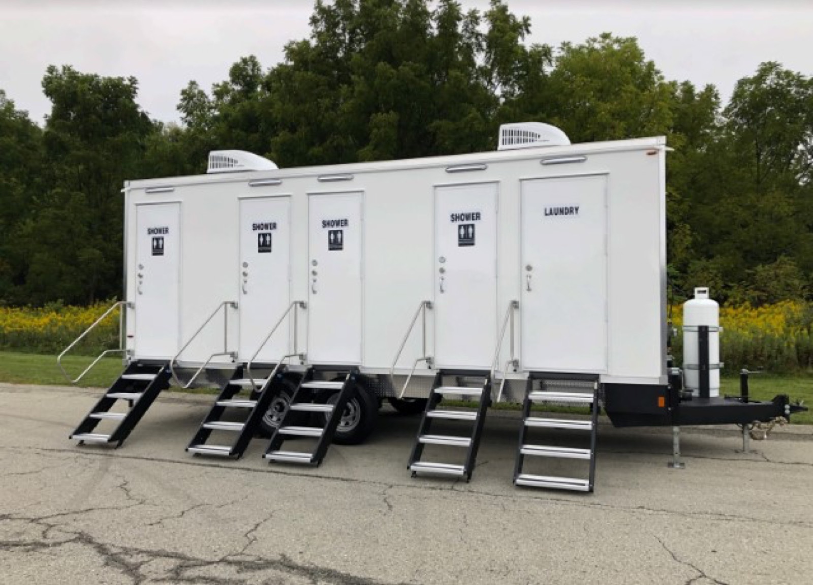 4-stall combo trailer with private shower doors and a separate laundry room door, The Lavatory NorCal