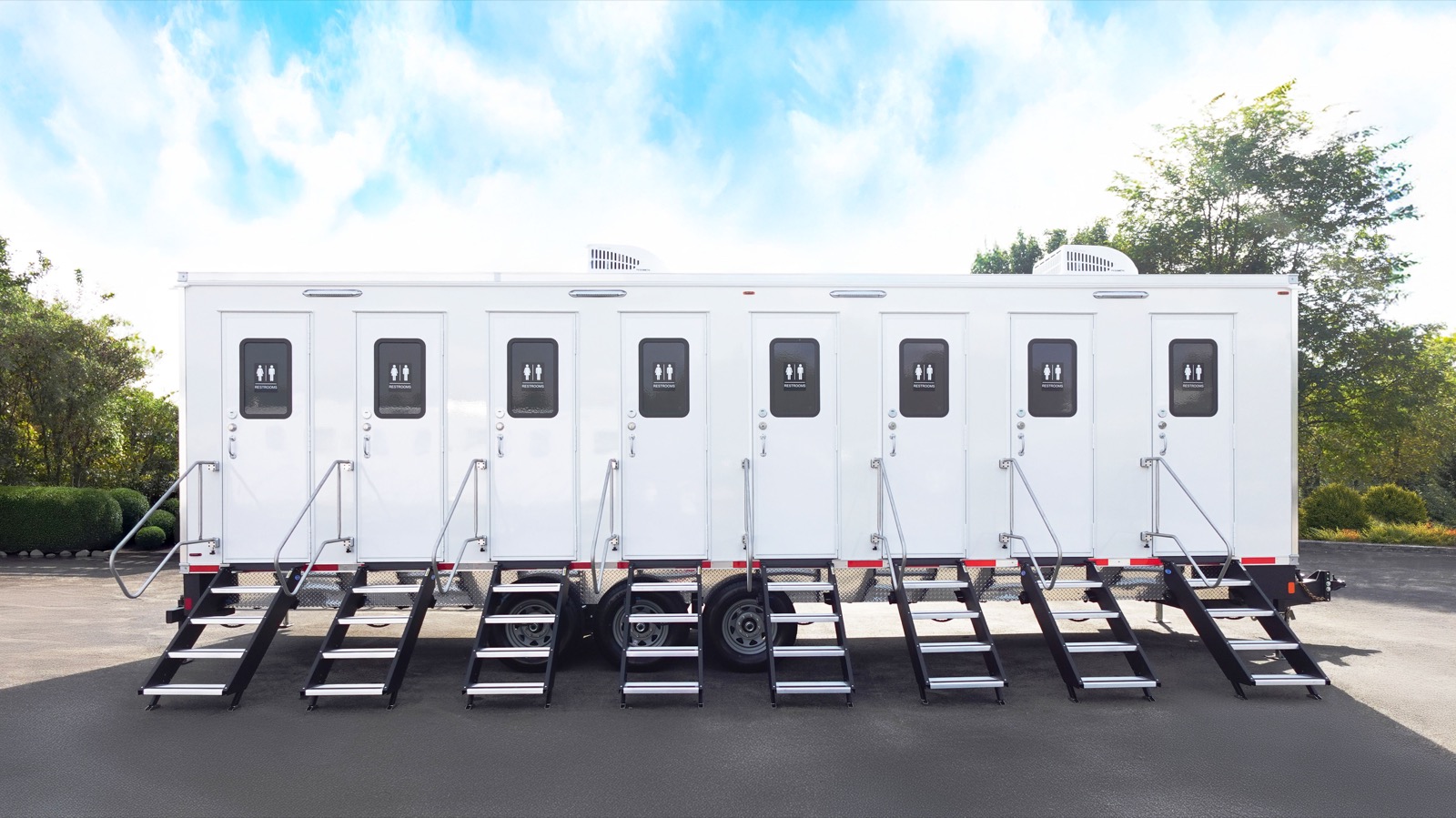 8-stall private bathroom trailer with eight unisex doors and a set of stairs at each door, The Lavatory NorCal