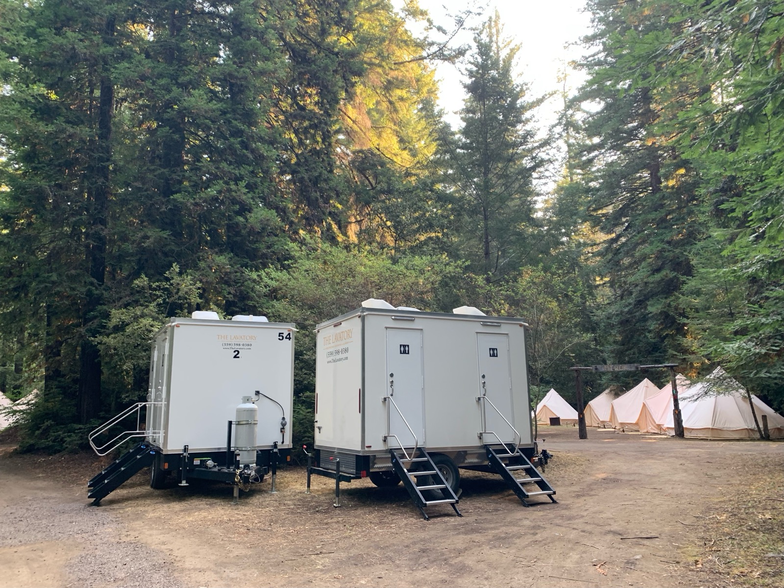 Two restroom trailers parked beside canvas tents at a forest camp event, The Lavatory NorCal