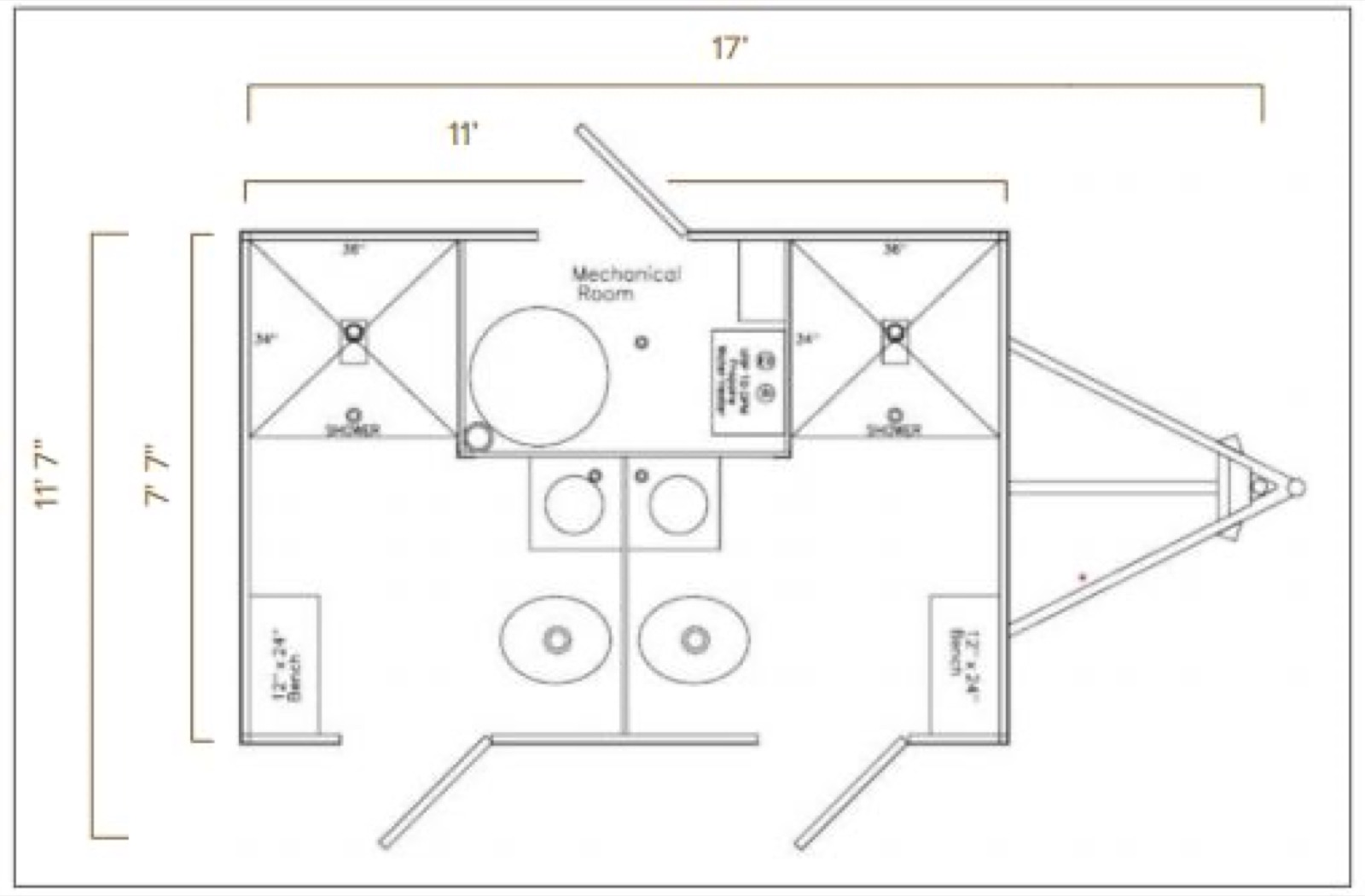 Floor plan of the 2-stall combo trailer showing two rooms, each with a shower, toilet and sink, The Lavatory NorCal