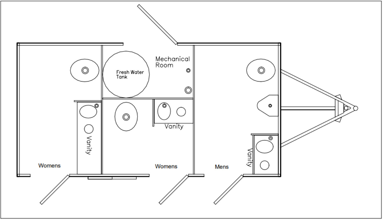 Floor plan of the 3-stall bathroom trailer showing two women's rooms and a men's room, The Lavatory NorCal