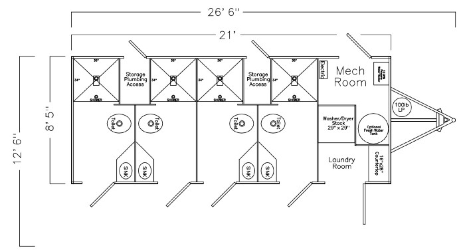 Floor plan of the 4-stall combo trailer with four shower rooms, toilets, sinks, a laundry room and a mechanical room, The Lavatory NorCal