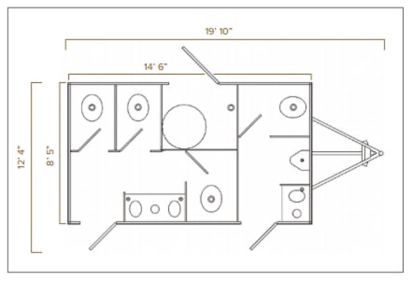 Floor plan of the 5-stall restroom trailer with the women's side and the men's side, The Lavatory NorCal