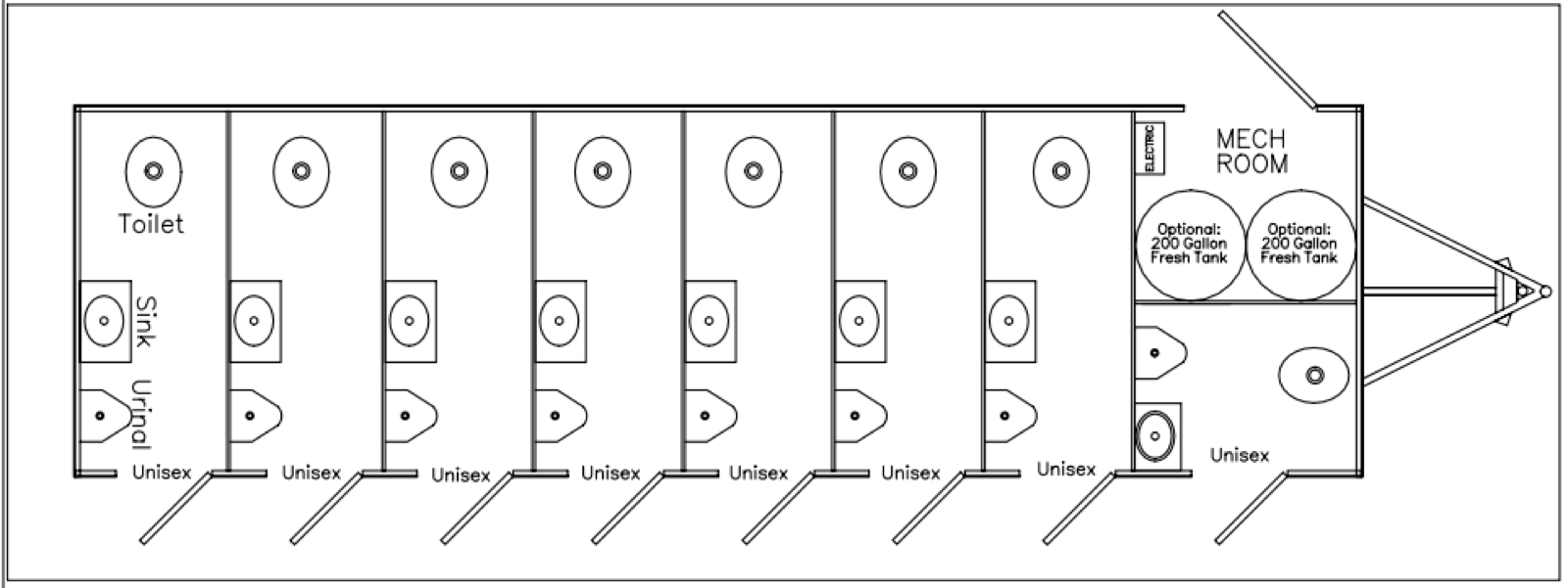 Floor plan of the 8-stall private bathroom trailer showing eight unisex stalls in a row, The Lavatory NorCal