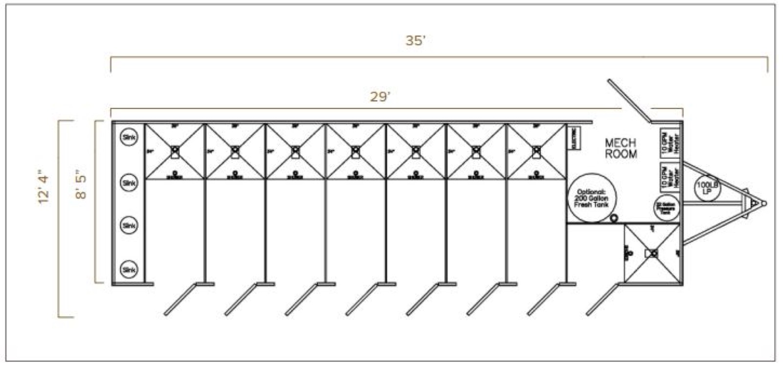 Floor plan of the 8-stall shower trailer with eight shower rooms, outdoor sinks and the mechanical room, The Lavatory NorCal