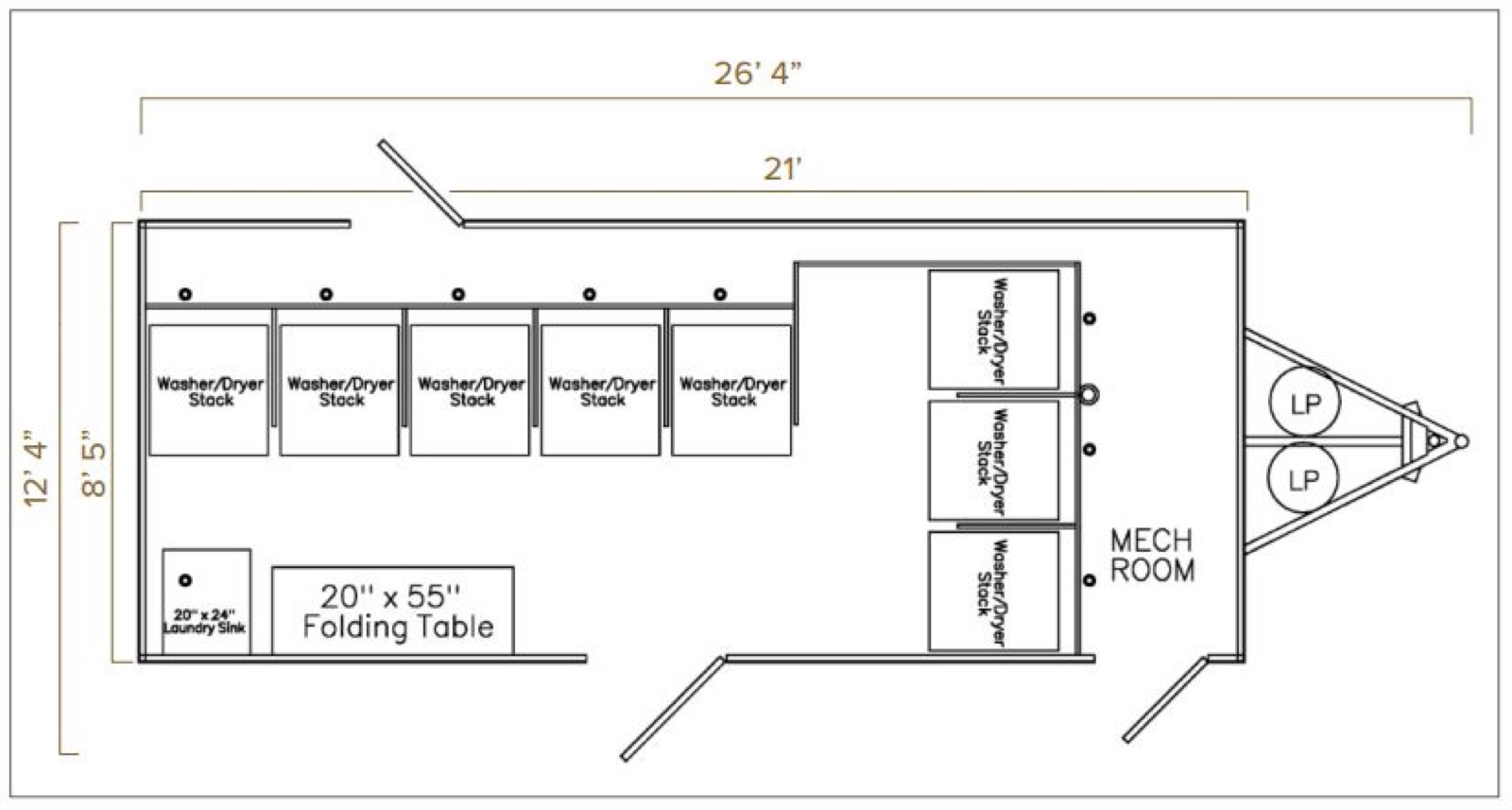 Floor plan of the 8-station laundry trailer with eight washer and dryer stacks, a laundry sink, a folding table and a mechanical room, The Lavatory NorCal
