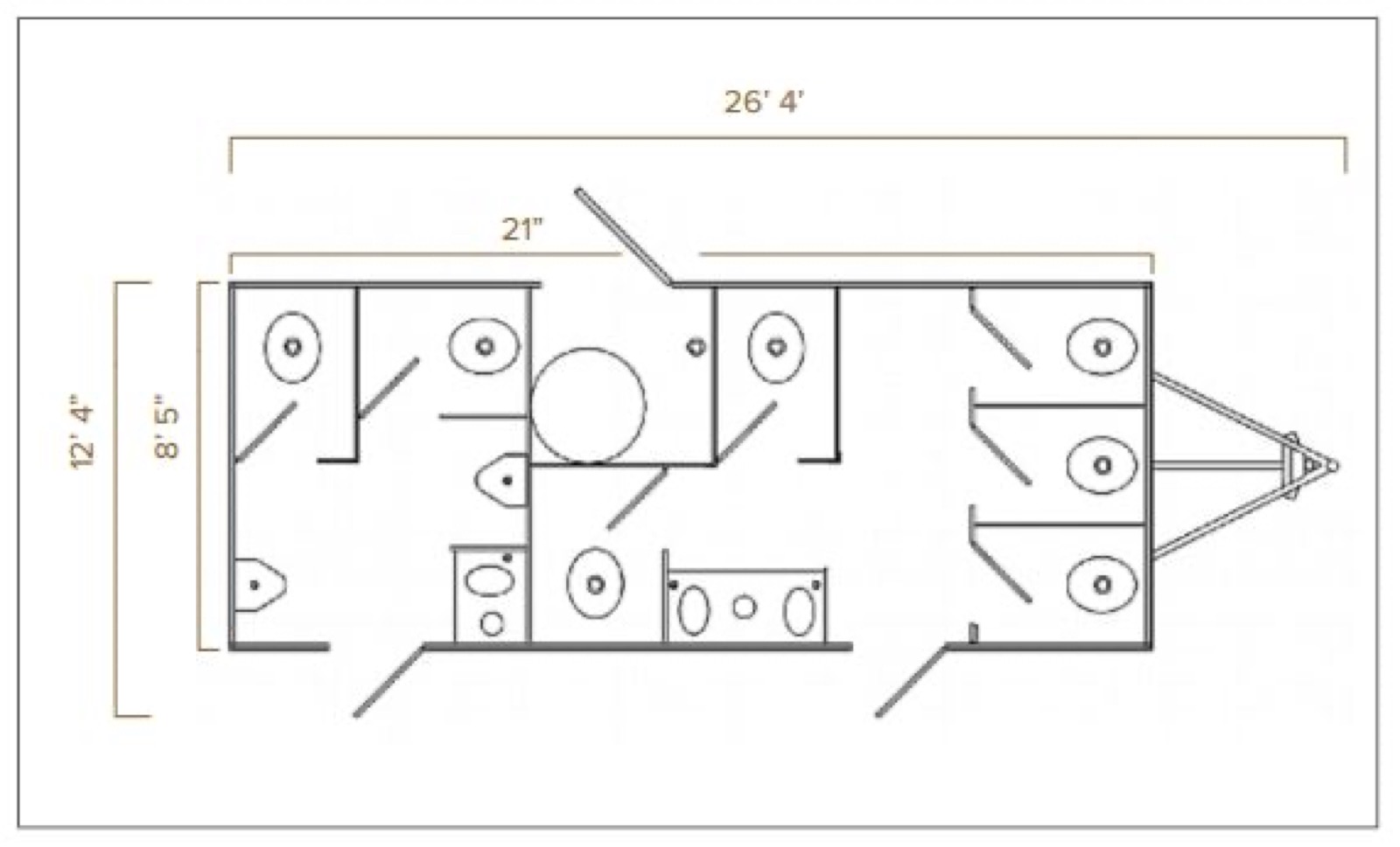 Floor plan of the 9-stall restroom trailer with the women's side, the men's side and the mechanical room, The Lavatory NorCal