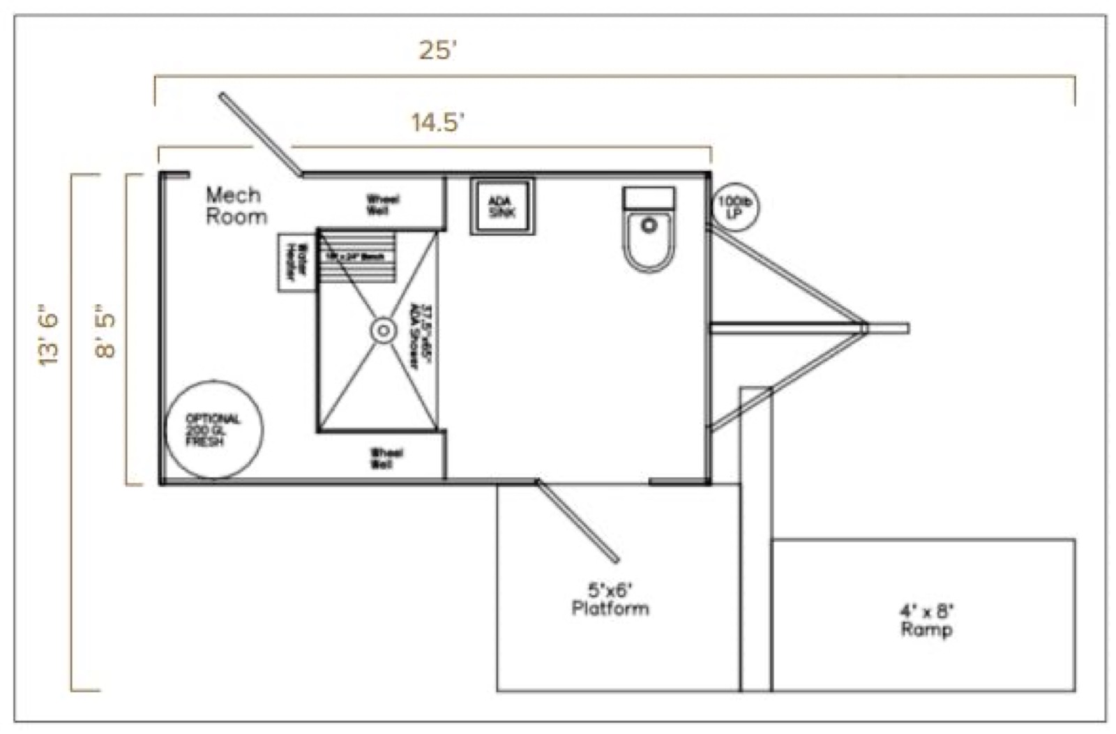 Floor plan of the accessible combo trailer showing the roll-in shower, toilet, sink, 5 by 6 foot platform and 4 by 8 foot ramp, The Lavatory NorCal