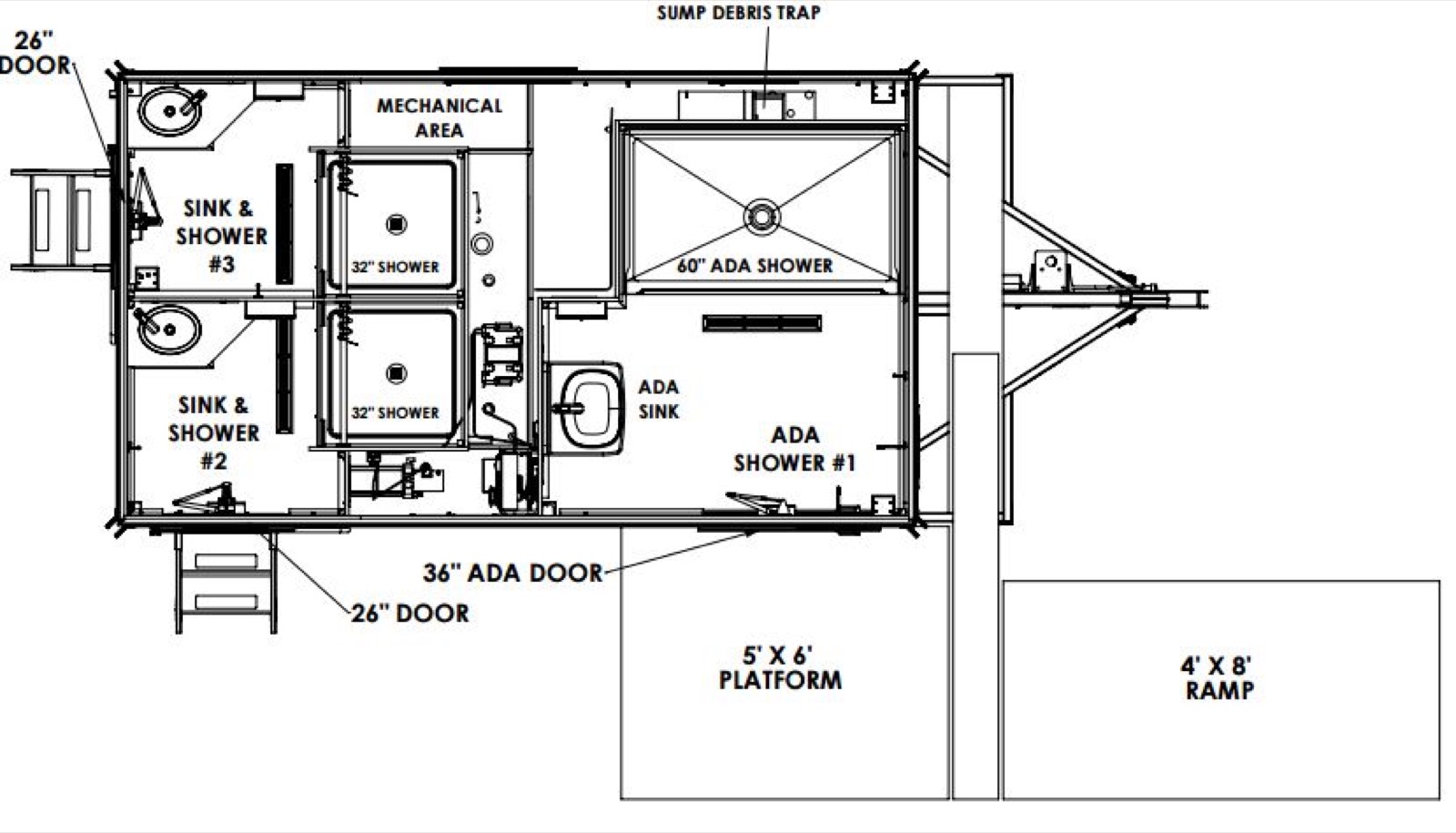 Floor plan of the ADA plus 2 shower trailer with two standard shower rooms and one accessible room beside the ramp platform, The Lavatory NorCal
