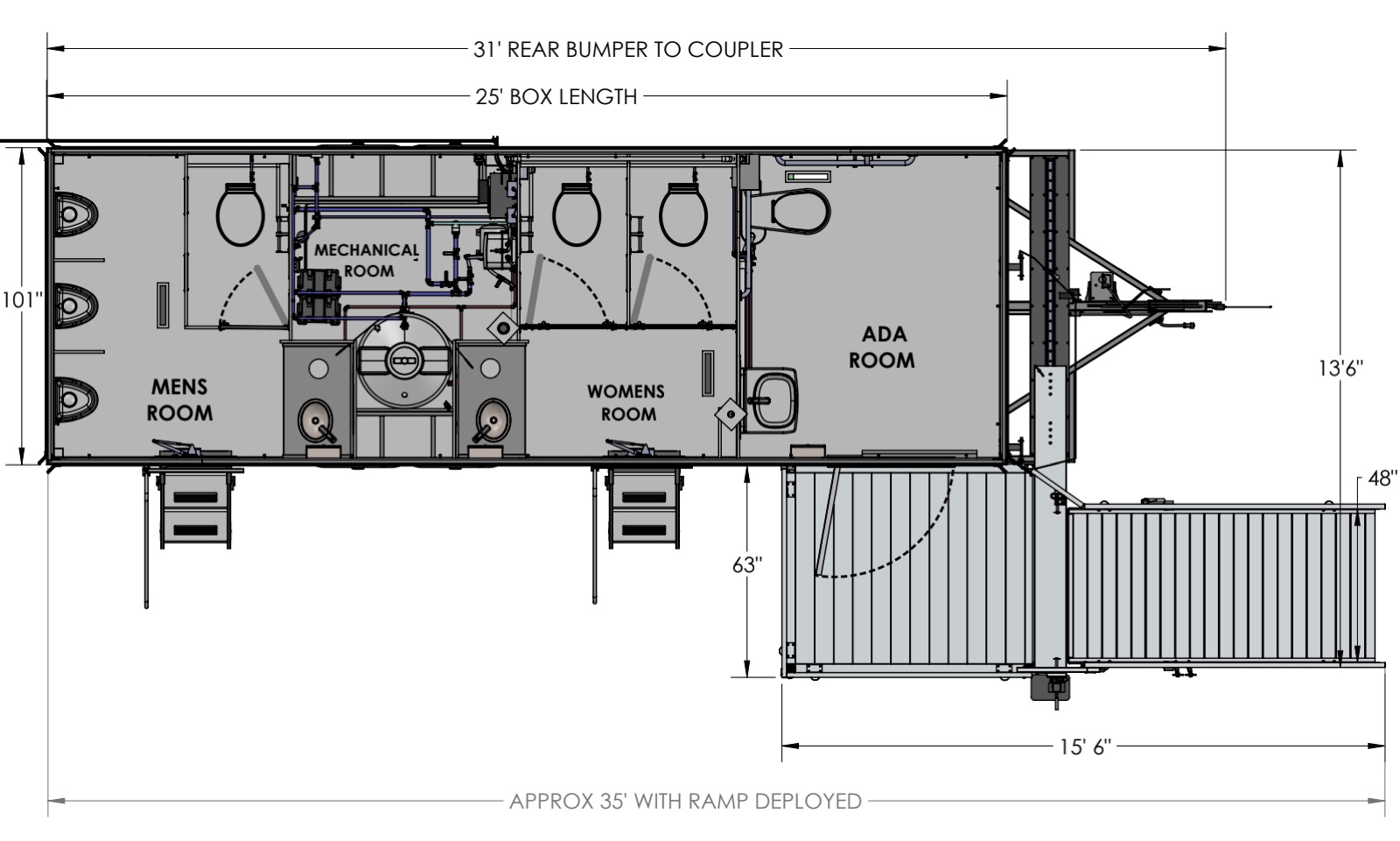 Floor plan of the ADA plus 6 bathroom trailer showing the accessible room and ramp, The Lavatory NorCal