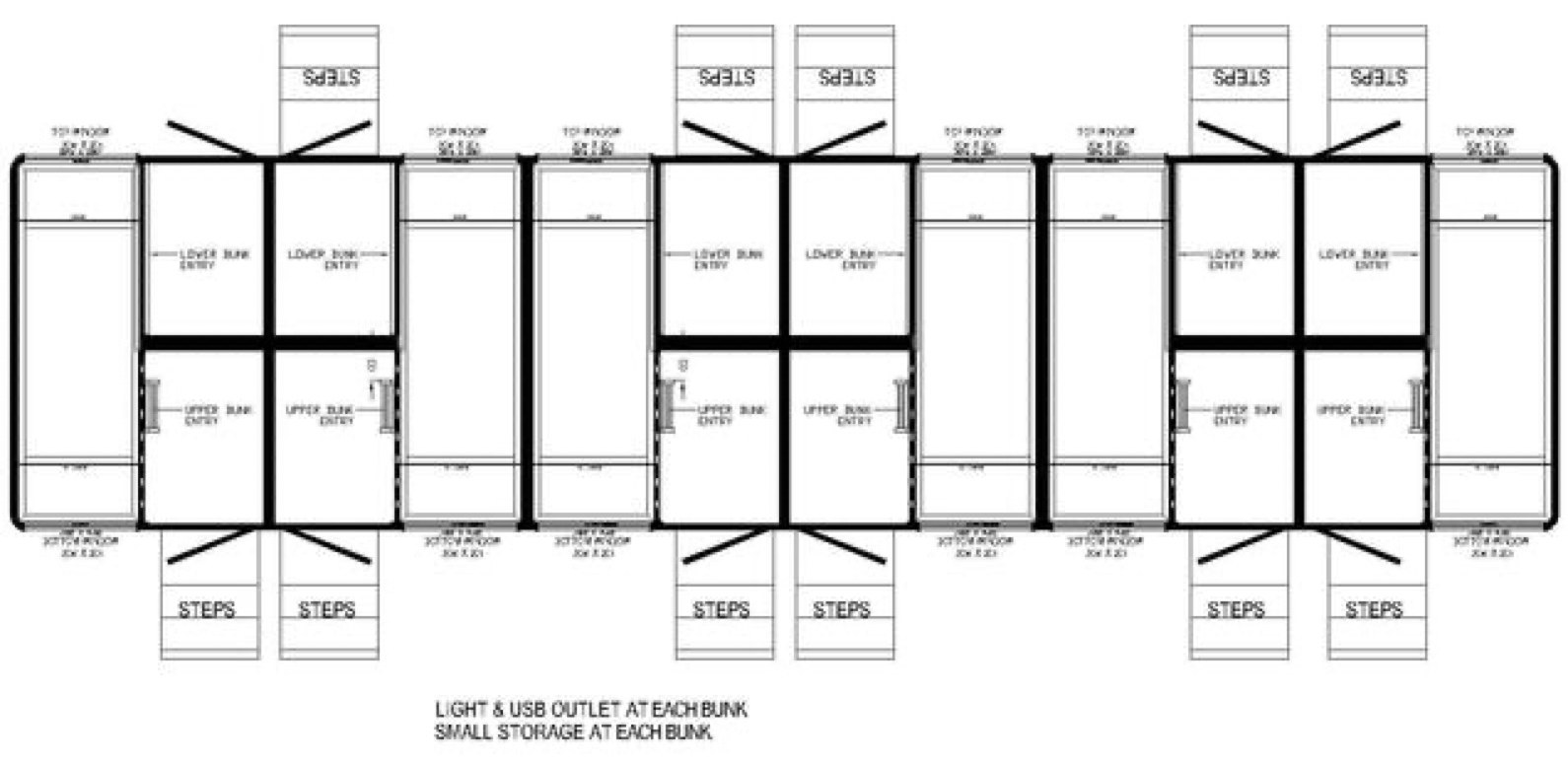 Floor plan of the 12-station bunkhouse sleeper trailer with upper and lower bunk entries and steps at each door, The Lavatory NorCal