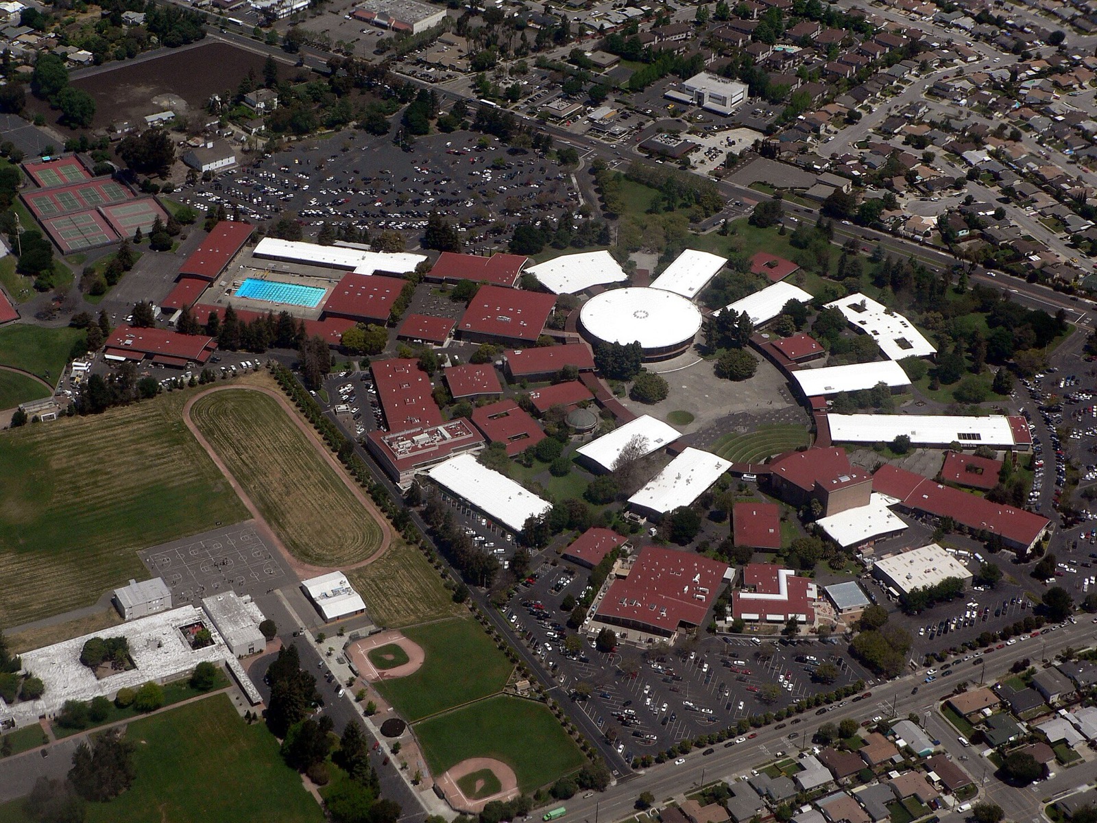 Aerial view of the Chabot College campus and ballfields in Hayward, an area served by The Lavatory NorCal