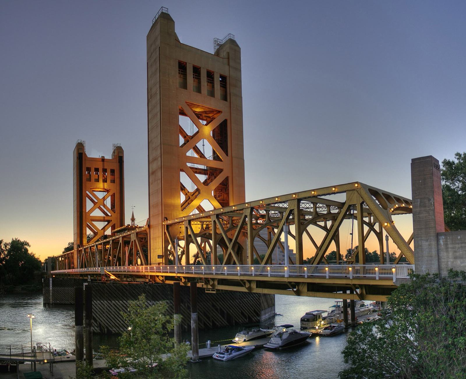 Gold Tower Bridge over the Sacramento River at dusk, in the Sacramento area served by The Lavatory NorCal