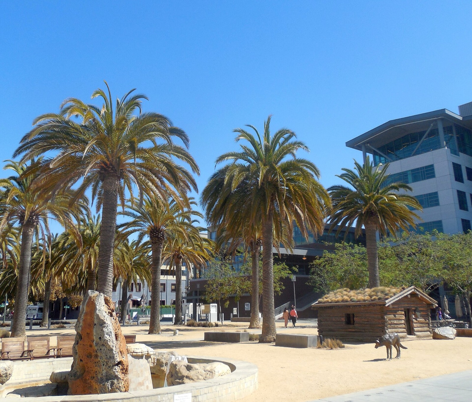 Palm trees and plaza at Jack London Square on the Oakland waterfront, served by The Lavatory NorCal