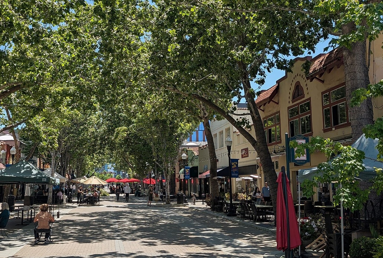 Tree-shaded Murphy Avenue in downtown Sunnyvale with outdoor dining tables and umbrellas, an area The Lavatory NorCal serves