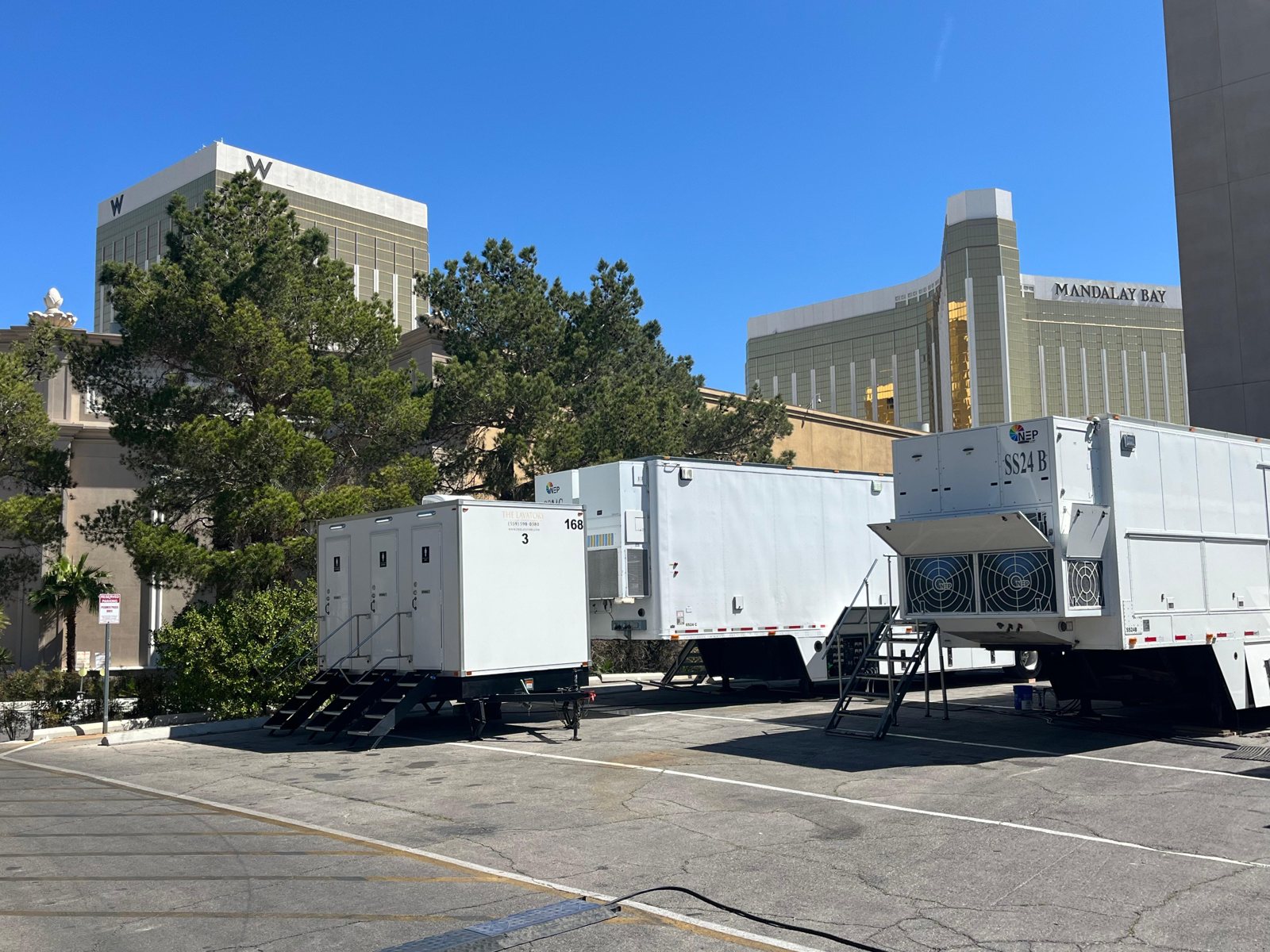 Lavatory 3-Station Restroom Trailer on site at Mandalay Bay