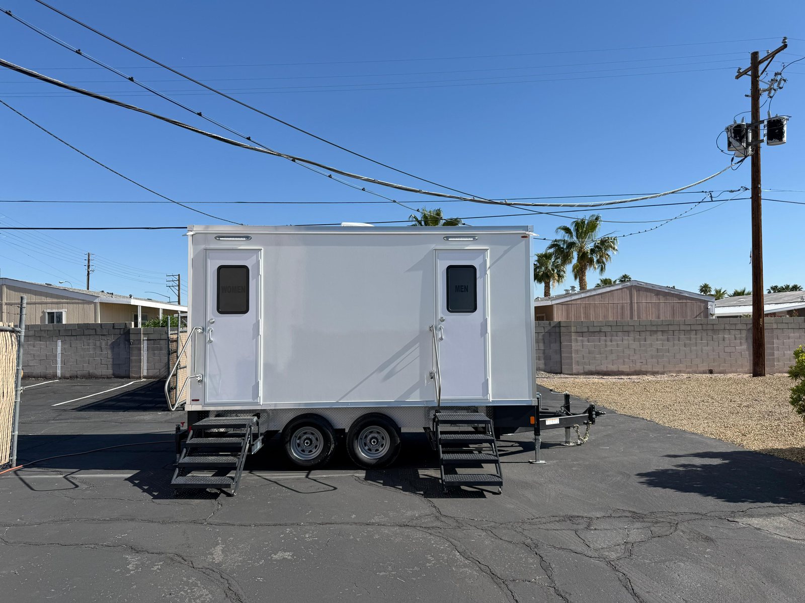 Luxury restroom trailer set up near Oakley for emergency Use