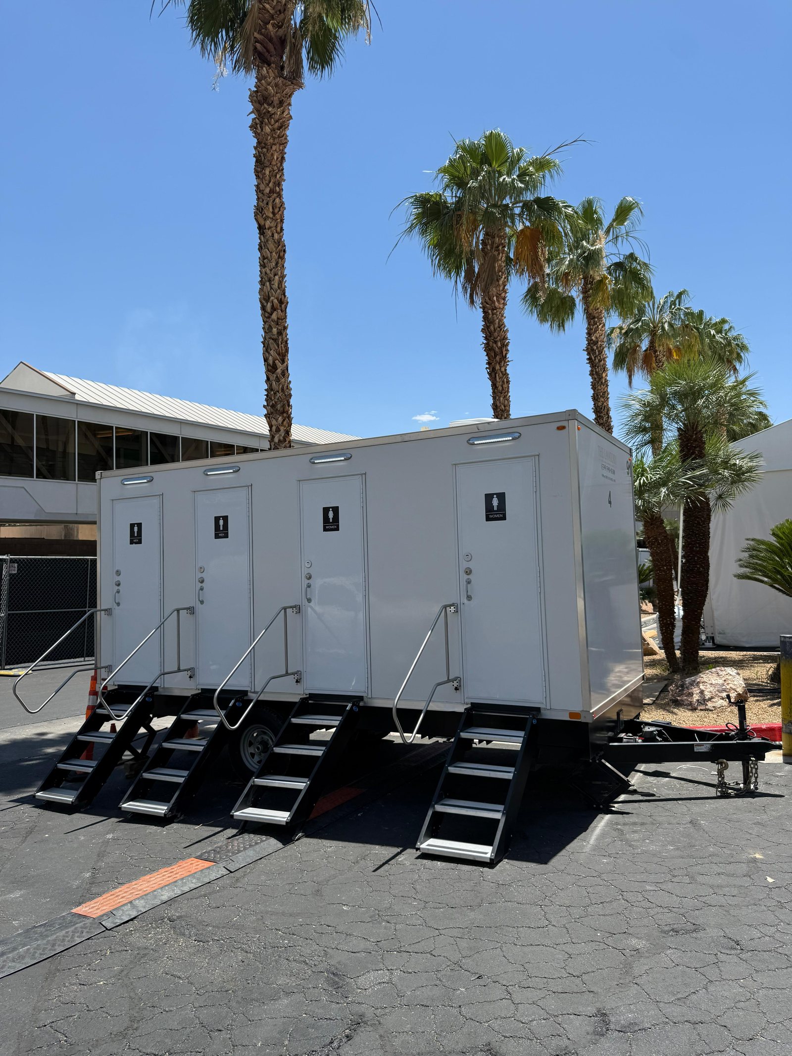 Restroom trailer outside Antioch, set and stocked