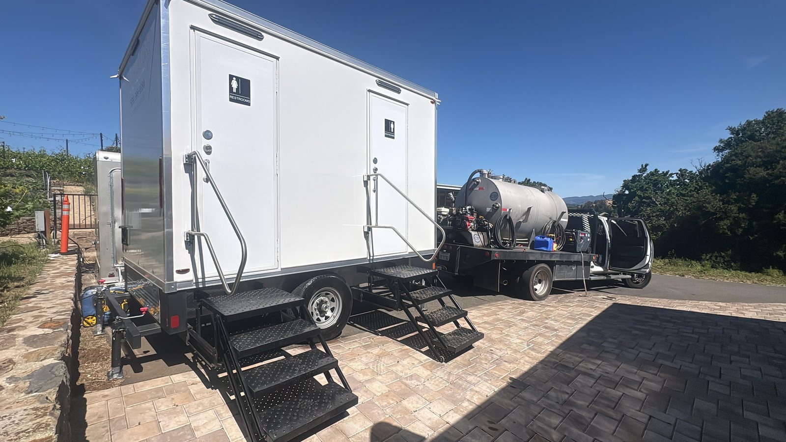 Restroom trailer staged for a repeat national client, East Contra Costa County