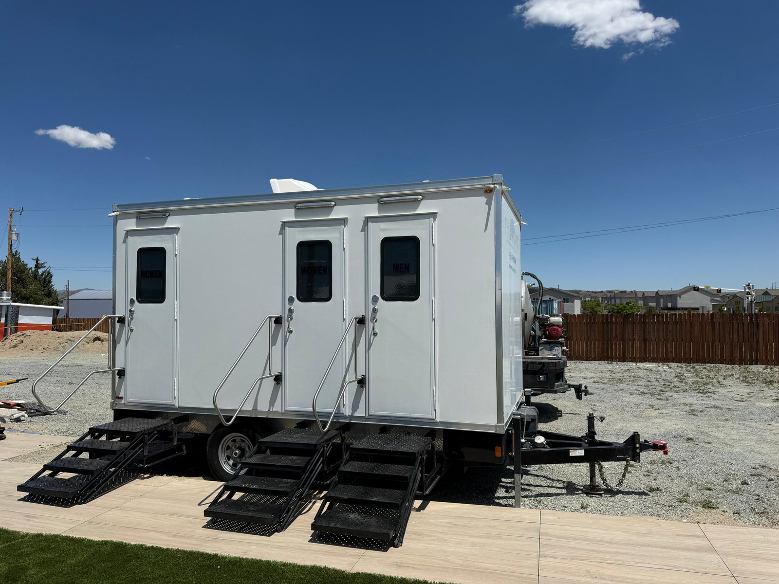 Restroom trailer staged outside Antioch