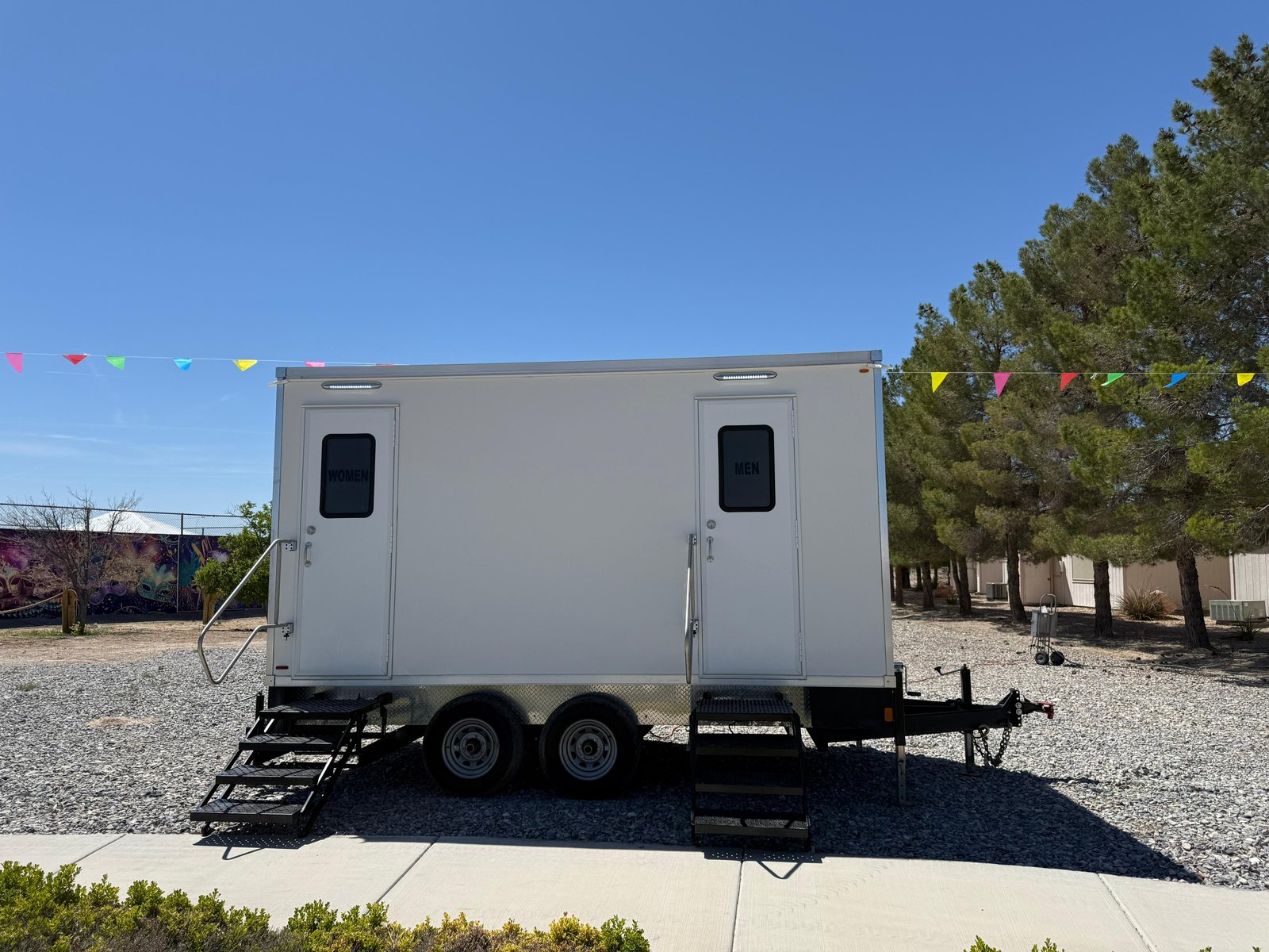 Luxury restroom trailer set up near Brentwood for weddings and Receptions