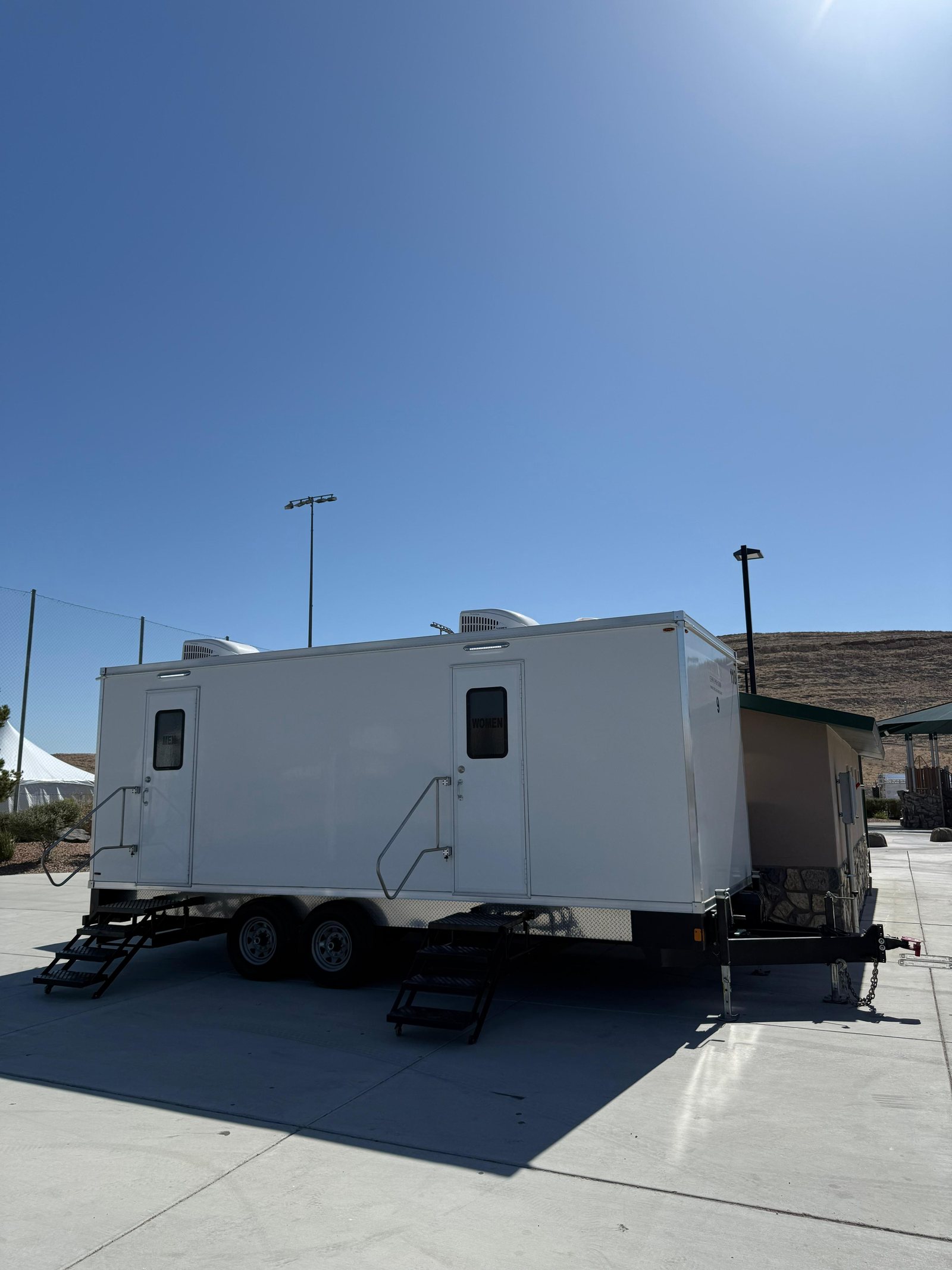Restroom trailer staged for a repeat national client, greater Sacramento County